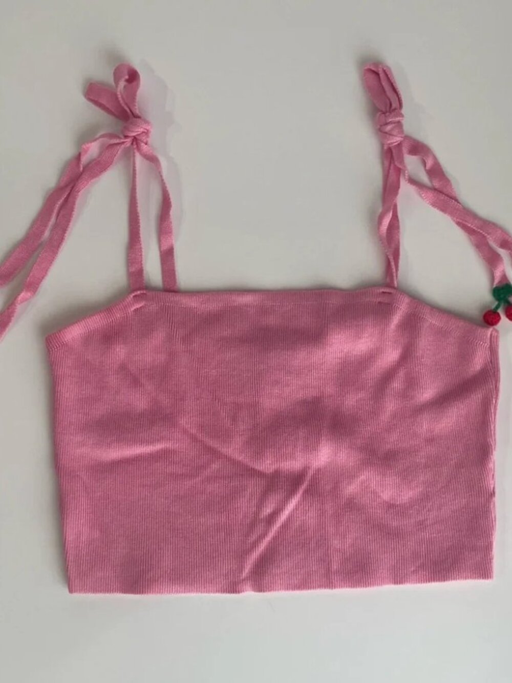 Pink Rib Knit Cherry Tie Crop Top